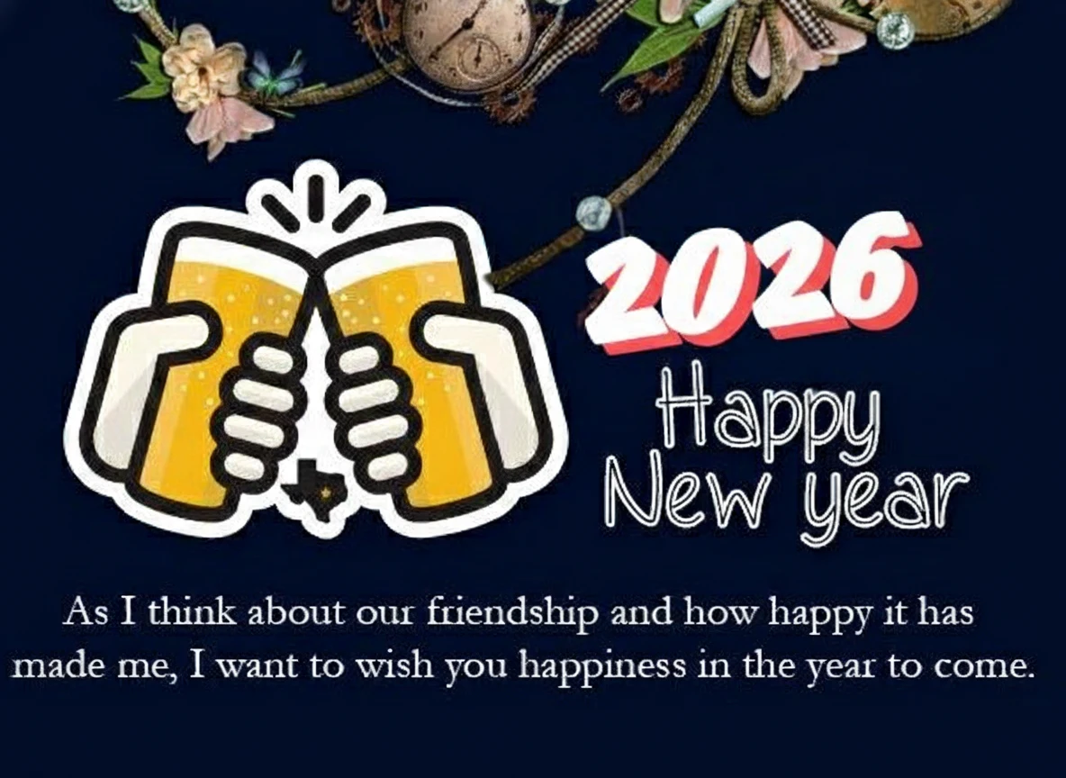 New Year cards 2026 for Friend ^ As I think about our friendship and how happy it has made me I want to wish you happiness in the year to come